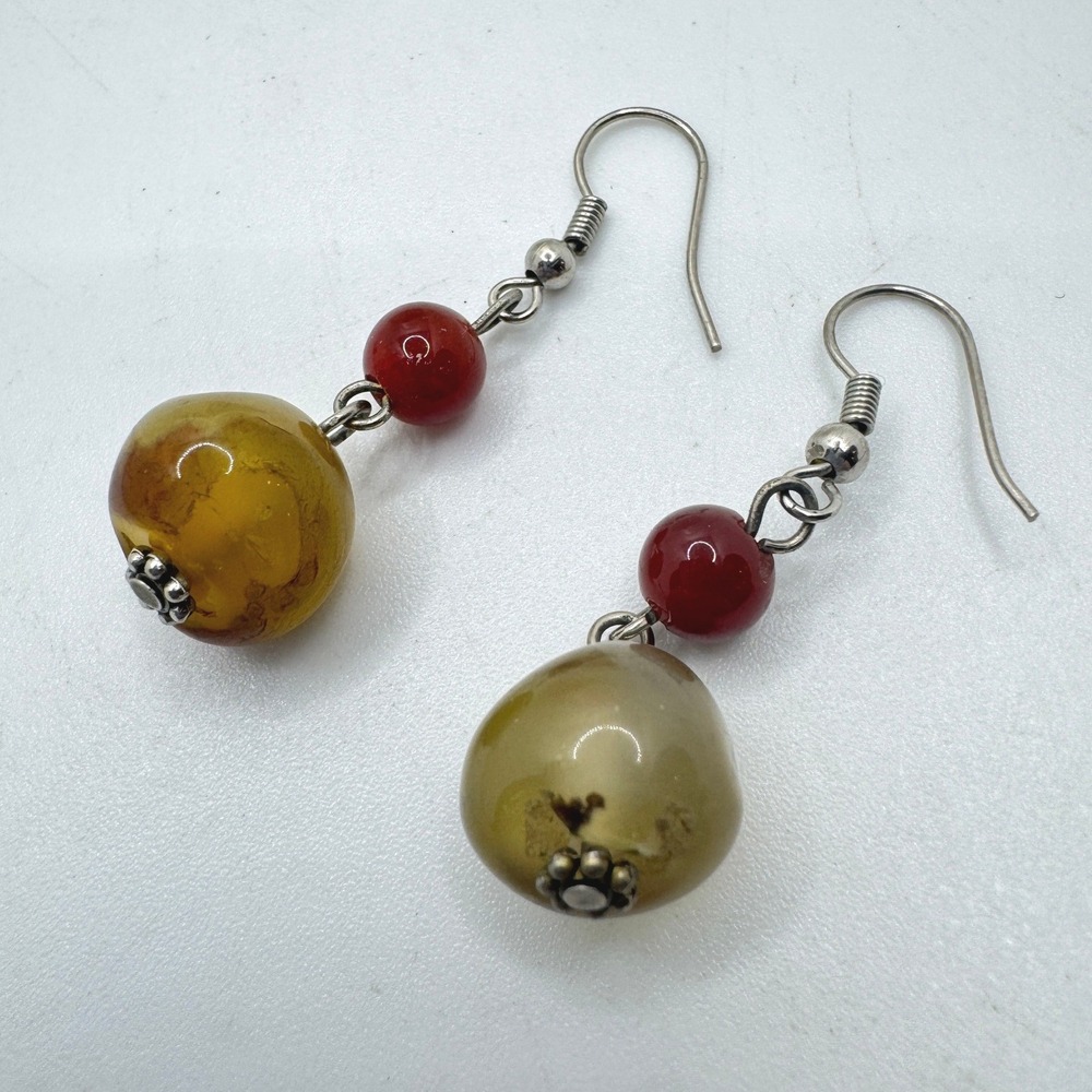Boho Natural Stone Drop Earrings Amber Red Carnelian Bead Silver Tone Dangle